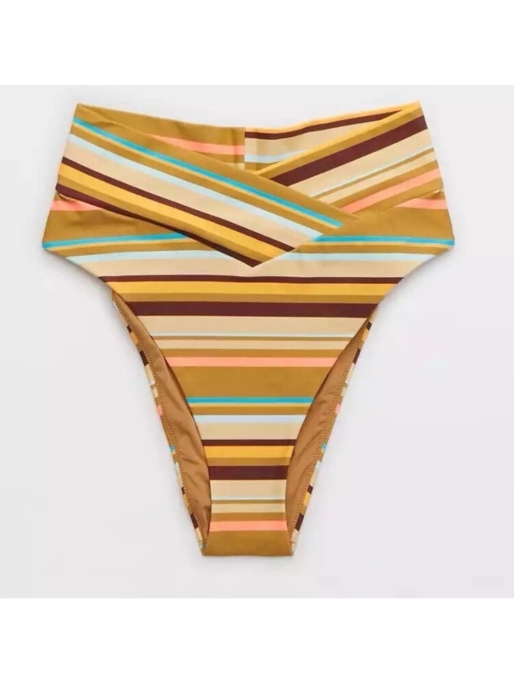 Aerie • NWT Yellow and Brown Blue Striped Bikini Bottom High Cut Cheeky